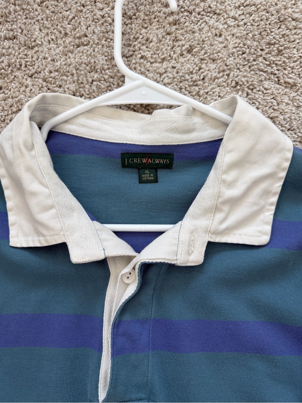 J-Crew Always Vintage-Inspired Green & Blue Stripe Rugby Shirt with White Collar - Picture 2 of 2